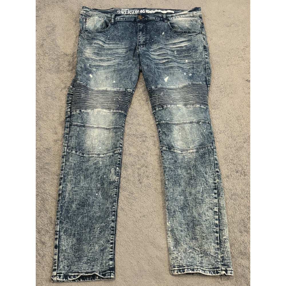Reason Moto Jeans Mens 46 (42x32) Stretch Skinny Blue Denim Paint Stonewash